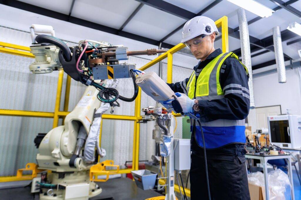 Engineer service robot welding in factory software programming operation test and commissioning